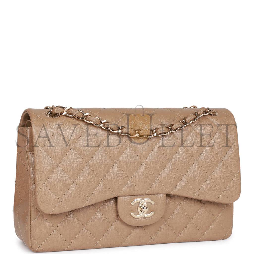 CHANEL JUMBO CLASSIC DOUBLE FLAP BAG DARK BEIGE CAVIAR GOLD HARDWARE (30*20*9cm)