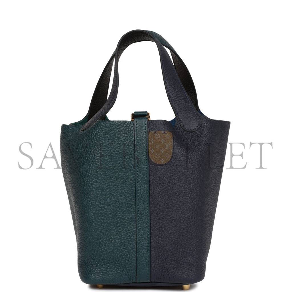 HERMES PICOTIN LOCK 18 CASAQUE VERT CYPRESS, BLEU NUIT AND BLACK CLEMENCE GOLD HARDWARE(18*13*18cm) HERMES PICOTIN LOCK 18 CASAQUE VERT CYPRESS, BLEU NUIT AND BLACK CLEMENCE GOLD HARDWARE(18*13*18cm)