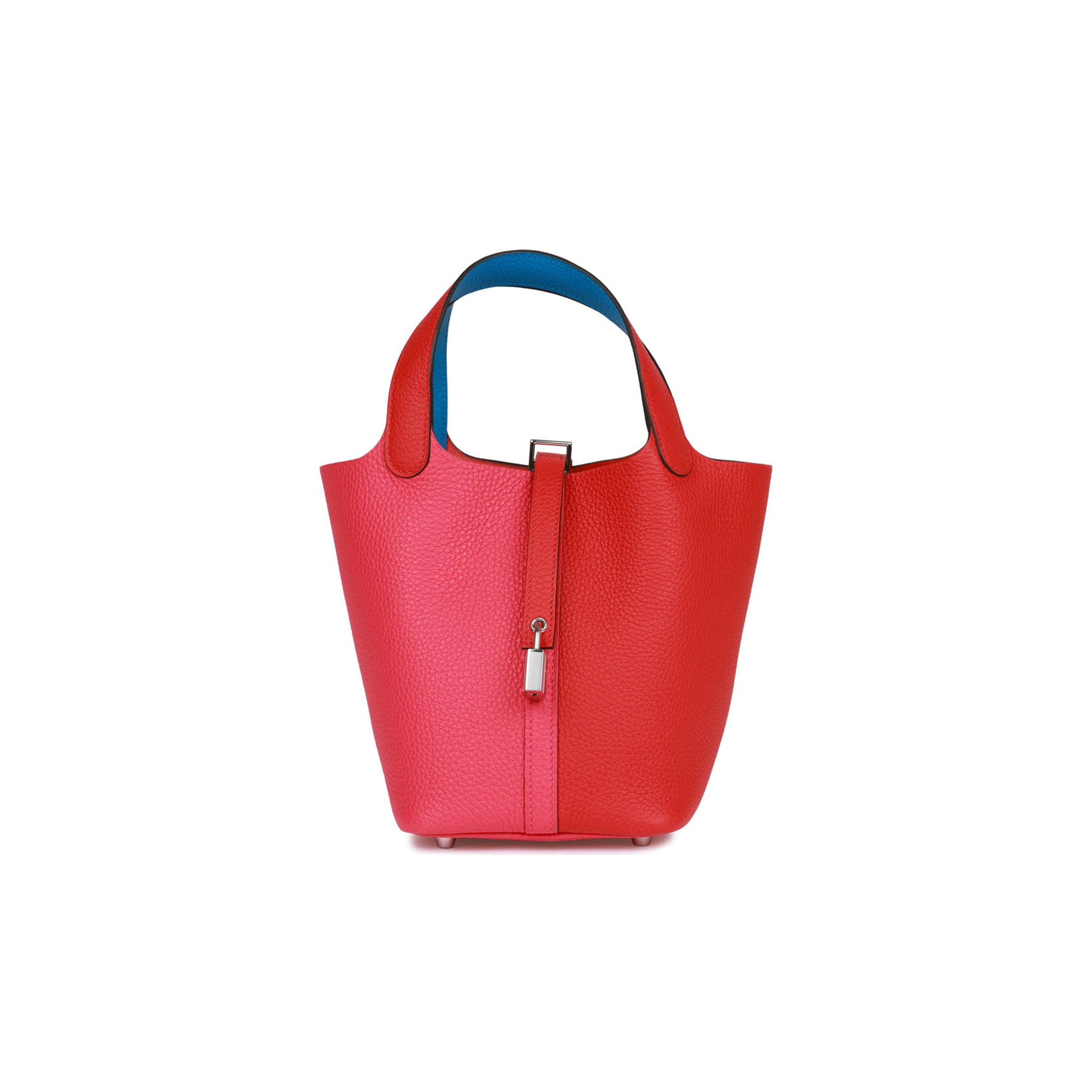 HERMES PICOTIN LOCK 18 CASAQUE ROUGE DE COEUR, ROSE EXTREME AND BLEU ZANZIBAR CLEMENCE PALLADIUM HARDWARE (18*13*18cm) HERMES PICOTIN LOCK 18 CASAQUE ROUGE DE COEUR, ROSE EXTREME AND BLEU ZANZIBAR CLEMENCE PALLADIUM HARDWARE (18*13*18cm)