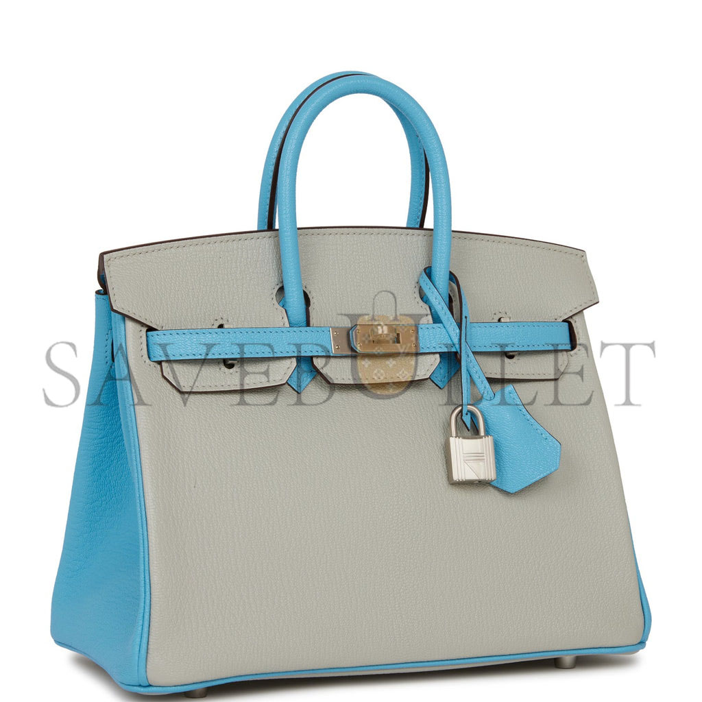 HERMES SPECIAL ORDER (HSS) BIRKIN 25 GRIS PERLE AND BLEU DU NORD CHÈVRE BRUSHED PALLADIUM HARDWARE HANDMADE (25cm) HERMES SPECIAL ORDER (HSS) BIRKIN 25 GRIS PERLE AND BLEU DU NORD CHÈVRE BRUSHED PALLADIUM HARDWARE HANDMADE (25cm)