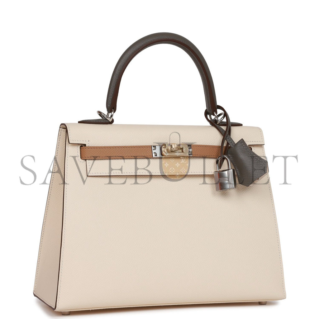 HERMES KELLY SELLIER 25 TRI-COLOR NATA, CHAI AND GRIS MEYER EPSOM PALLADIUM HARDWARE (25*17*7cm)