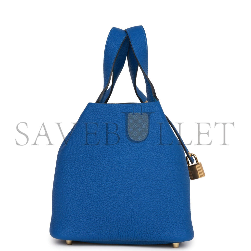 HERMES PICOTIN LOCK 18 BLEU FRANCE CLEMENCE GOLD HARDWARE (18*13*18cm) HERMES PICOTIN LOCK 18 BLEU FRANCE CLEMENCE GOLD HARDWARE (18*13*18cm)