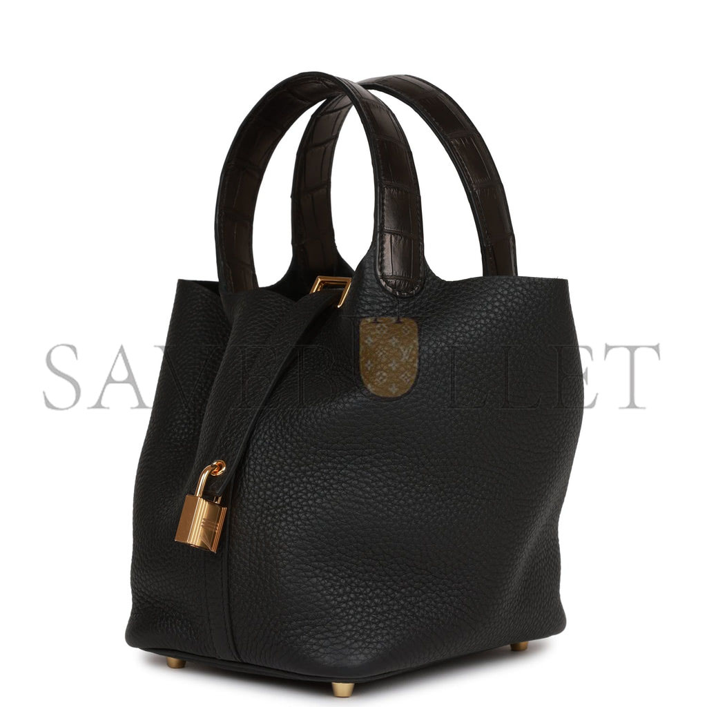 HERMES PICOTIN LOCK 18 BLACK MATTE ALLIGATOR AND CLEMENCE TOUCH GOLD HARDWARE (18*13*18cm) HERMES PICOTIN LOCK 18 BLACK MATTE ALLIGATOR AND CLEMENCE TOUCH GOLD HARDWARE (18*13*18cm)
