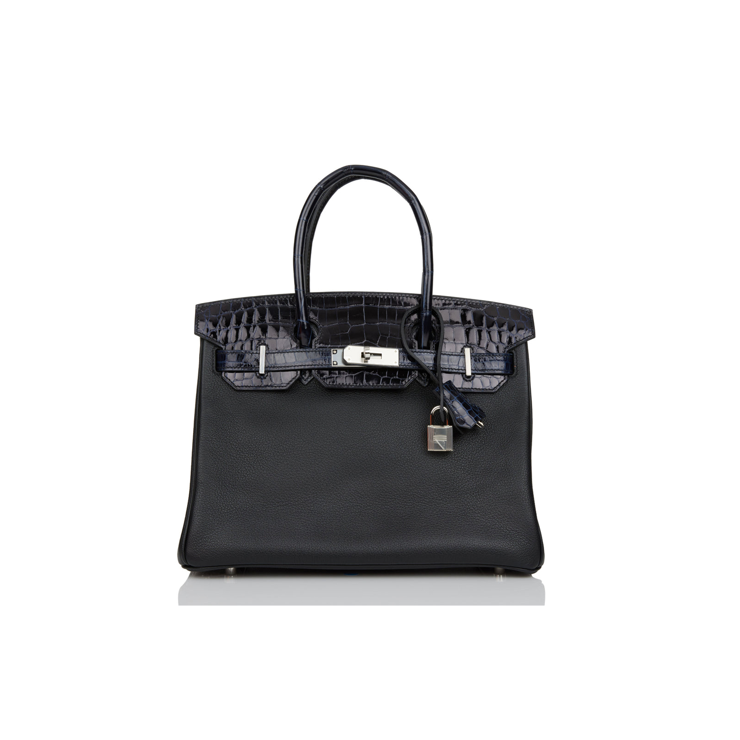 HERMES BIRKIN 25 BLEU MARINE SHINY NILOTICUS CROCODILE PATTERN AND BLACK NOVILLO TOUCH PALLADIUM HARDWARE (25cm) HERMES BIRKIN 25 BLEU MARINE SHINY NILOTICUS CROCODILE PATTERN AND BLACK NOVILLO TOUCH PALLADIUM HARDWARE (25cm)