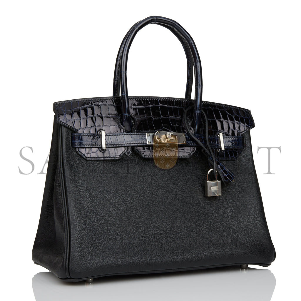 HERMES BIRKIN 25 BLEU MARINE SHINY NILOTICUS CROCODILE PATTERN AND BLACK NOVILLO TOUCH PALLADIUM HARDWARE (25cm) HERMES BIRKIN 25 BLEU MARINE SHINY NILOTICUS CROCODILE PATTERN AND BLACK NOVILLO TOUCH PALLADIUM HARDWARE (25cm)
