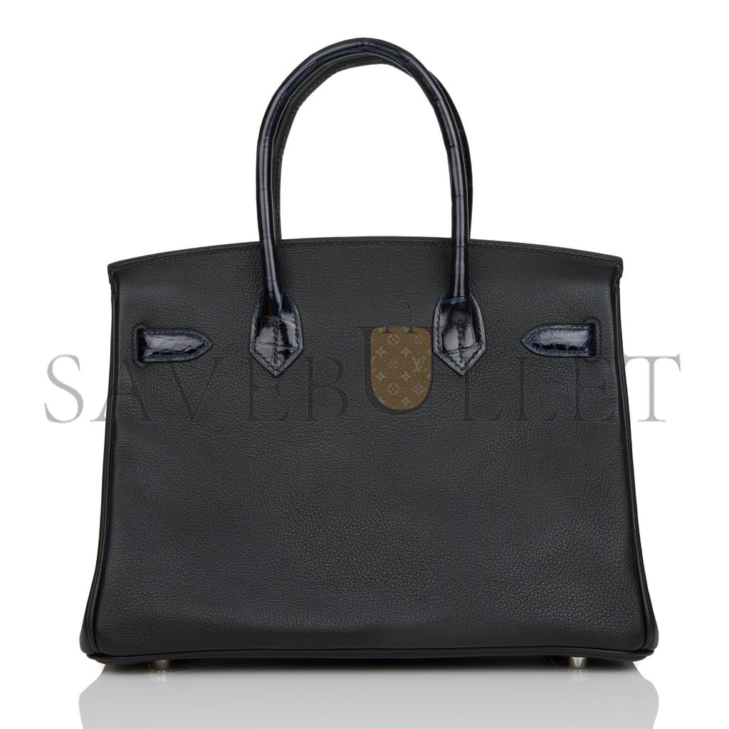 HERMES BIRKIN 25 BLEU MARINE SHINY NILOTICUS CROCODILE PATTERN AND BLACK NOVILLO TOUCH PALLADIUM HARDWARE (25cm) HERMES BIRKIN 25 BLEU MARINE SHINY NILOTICUS CROCODILE PATTERN AND BLACK NOVILLO TOUCH PALLADIUM HARDWARE (25cm)