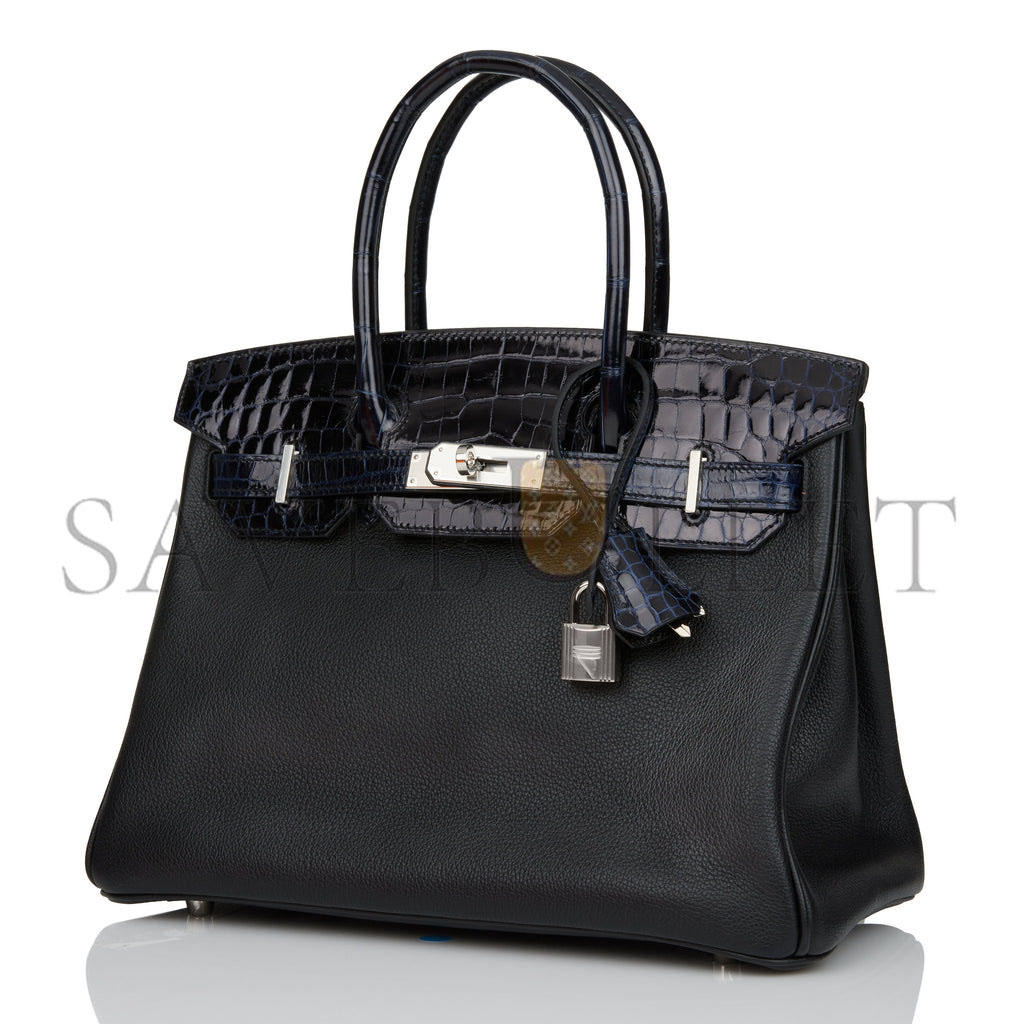 HERMES BIRKIN 25 BLEU MARINE SHINY NILOTICUS CROCODILE PATTERN AND BLACK NOVILLO TOUCH PALLADIUM HARDWARE (25cm) HERMES BIRKIN 25 BLEU MARINE SHINY NILOTICUS CROCODILE PATTERN AND BLACK NOVILLO TOUCH PALLADIUM HARDWARE (25cm)