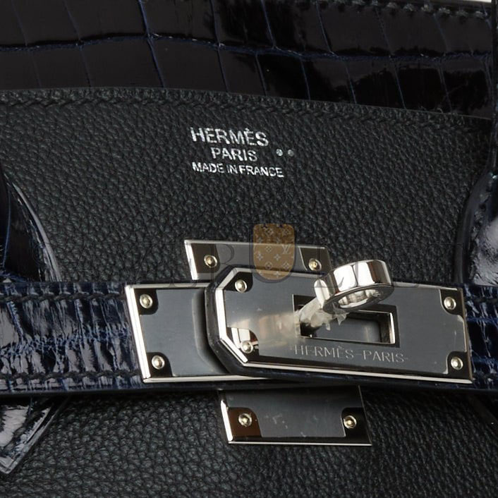 HERMES BIRKIN 25 BLEU MARINE SHINY NILOTICUS CROCODILE PATTERN AND BLACK NOVILLO TOUCH PALLADIUM HARDWARE (25cm) HERMES BIRKIN 25 BLEU MARINE SHINY NILOTICUS CROCODILE PATTERN AND BLACK NOVILLO TOUCH PALLADIUM HARDWARE (25cm)
