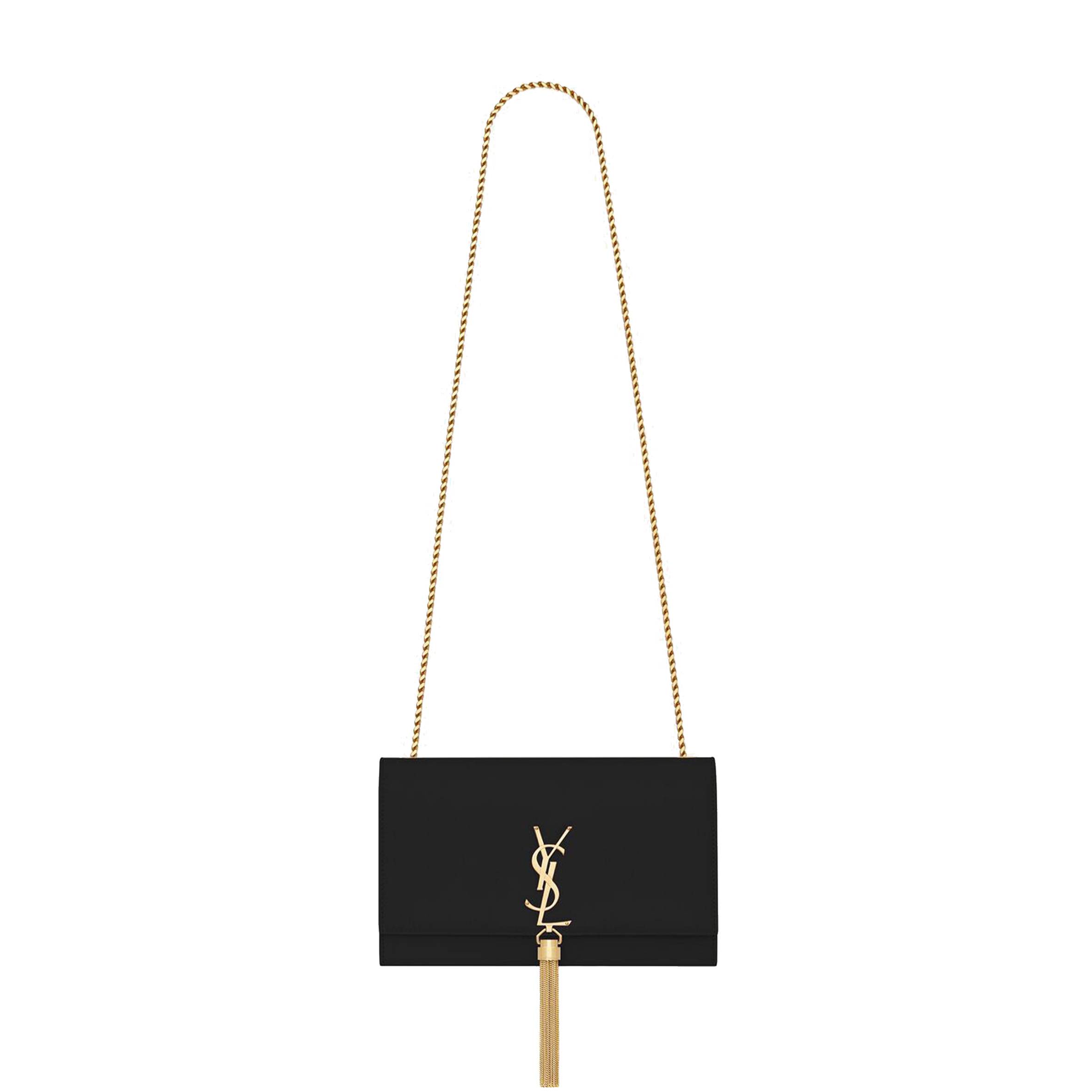 YSL KATE MEDIUM CHAIN BAG WITH TASSEL IN GRAIN DE POUDRE EMBOSSED LEATHER 354119BOW0J1000 (24*14.5*5.5cm)