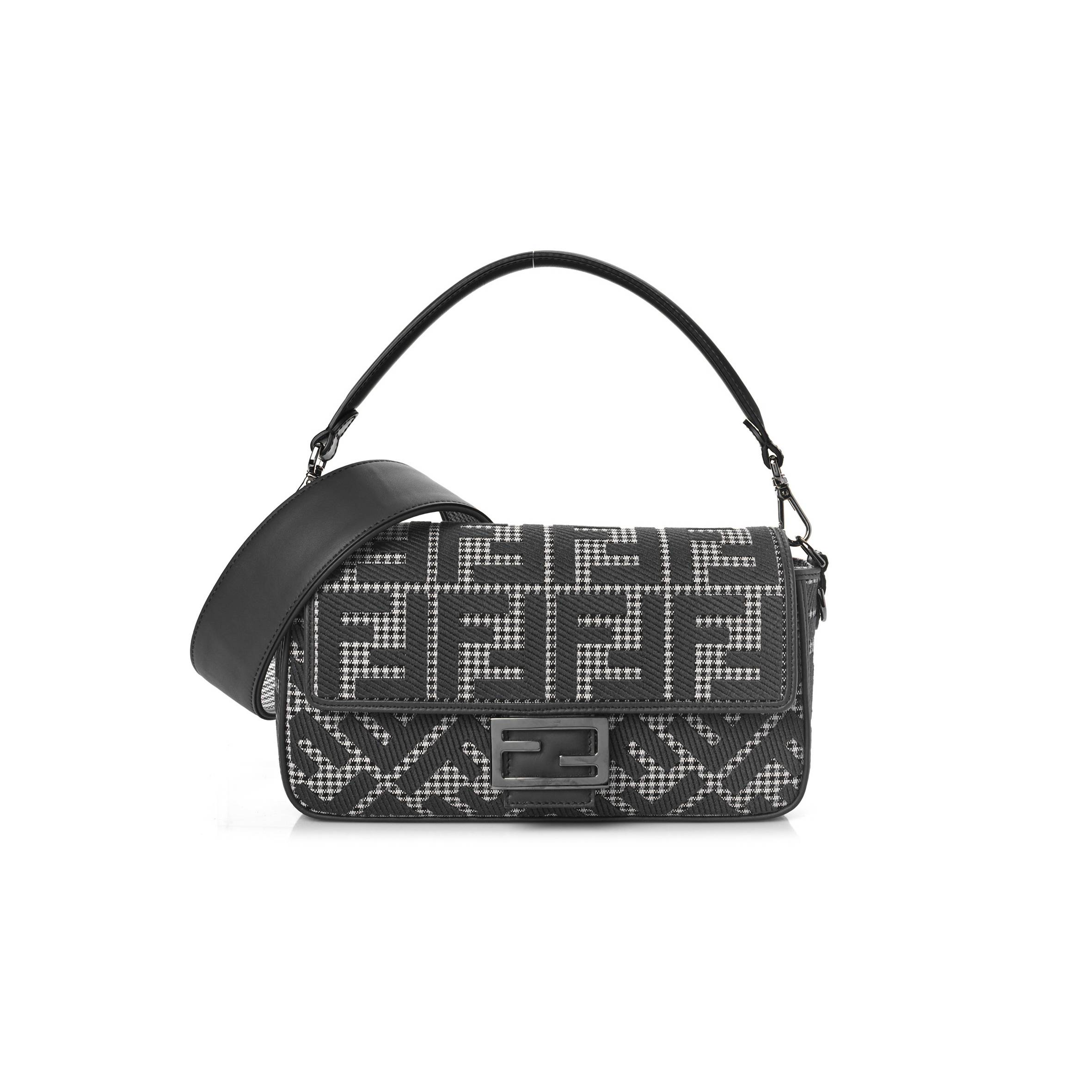 FENDI WOOL VITELLO KING HOUNDSTOOTH FF EMBROIDERED BAGUETTE GRIGIO ANTHRACITE (27*17*6cm)