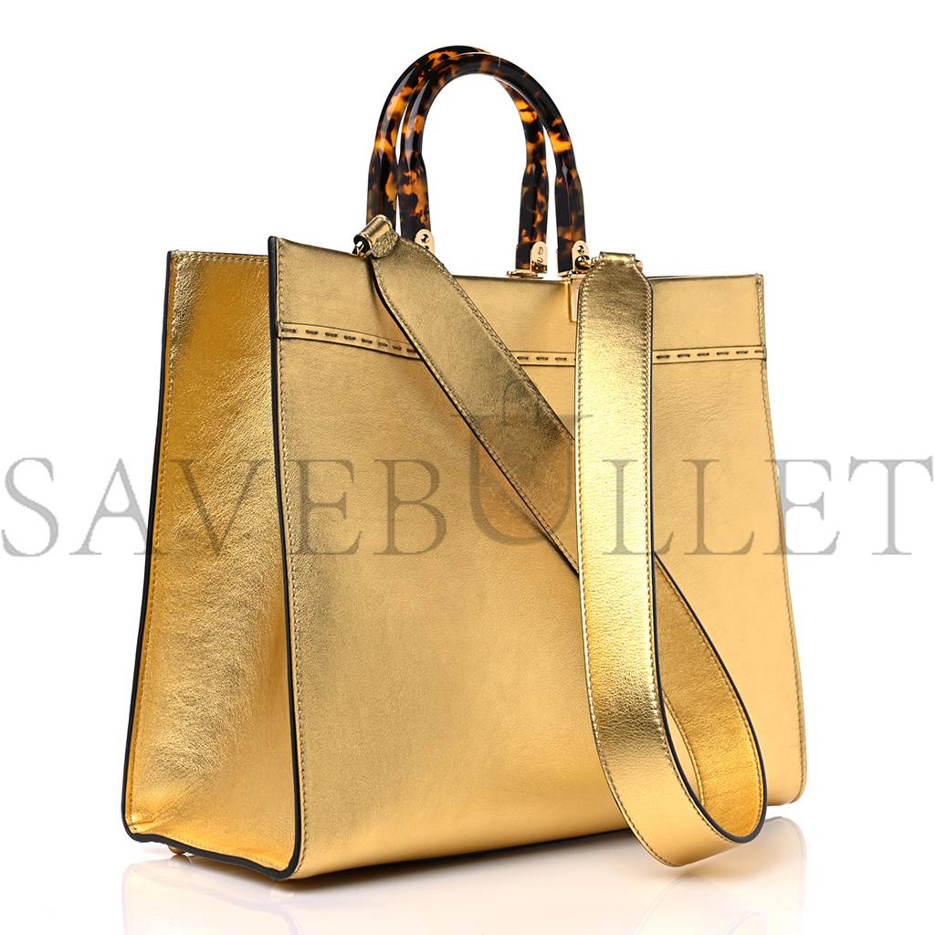 FENDI VITELLO CATALAN MIRROR PLEXIGLASS LOGO EMBOSSED MEDIUM FENDI SUNSHINE SHOPPER TOTE GOLD (36*30*14cm)