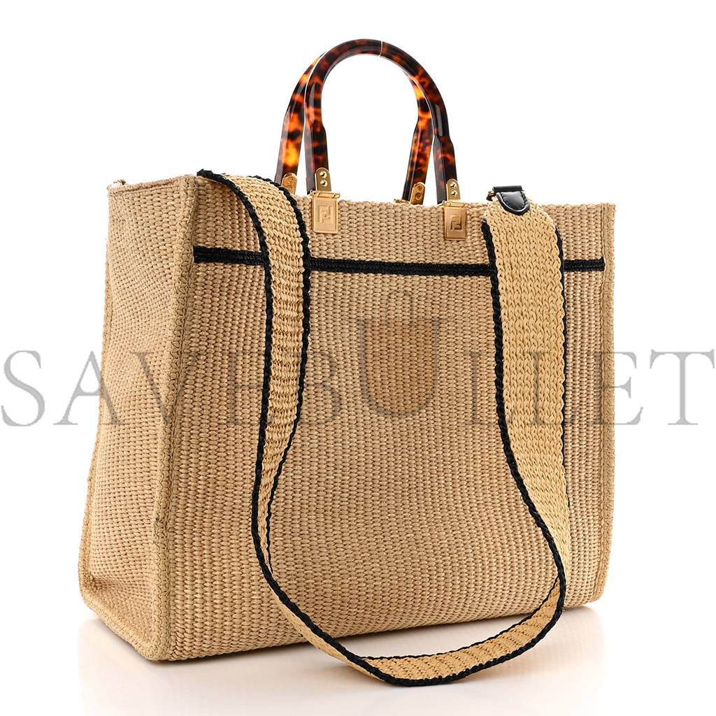 FENDI STRAW VITELLO KING PLEXIGLASS WOVEN MEDIUM FENDI SUNSHINE SHOPPER TOTE NATURAL BLACK (36*32*17cm)